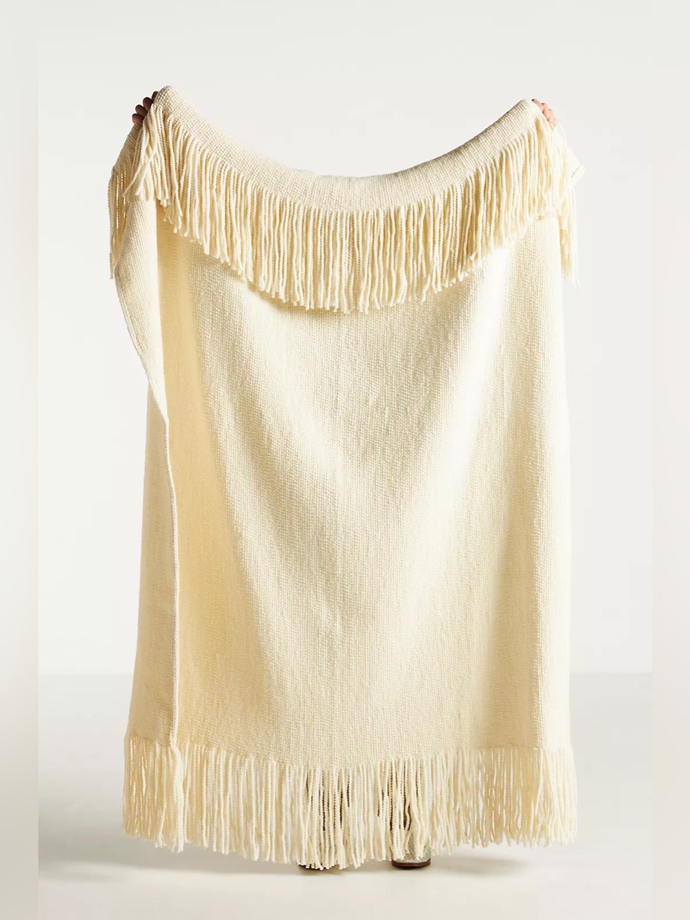 NEW Anthropologie Lazo 98% Wool Large Fringe Knit Cream Beige Blanket